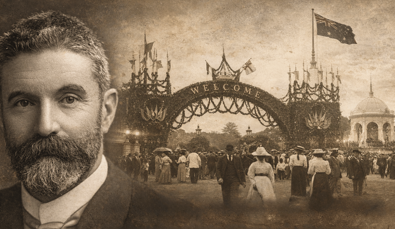 Portrait of Alfred Deakin beside a sepia-toned Federation-era crowd scene in Sydney’s Centennial Park, with arch and pavilion in the background.