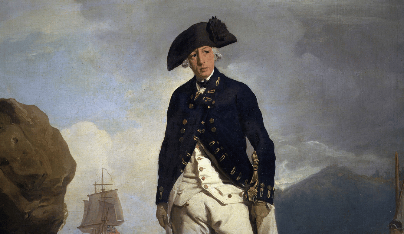 Portrait painting of Arthur Phillip in 18th-century naval dress, standing outdoors with a sailing ship and rocky coastline behind him.