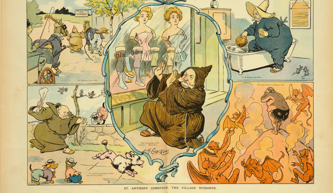 Vintage satirical illustration of Anthony Comstock surrounded by moral temptations, with women, demons, and symbolic scenes.