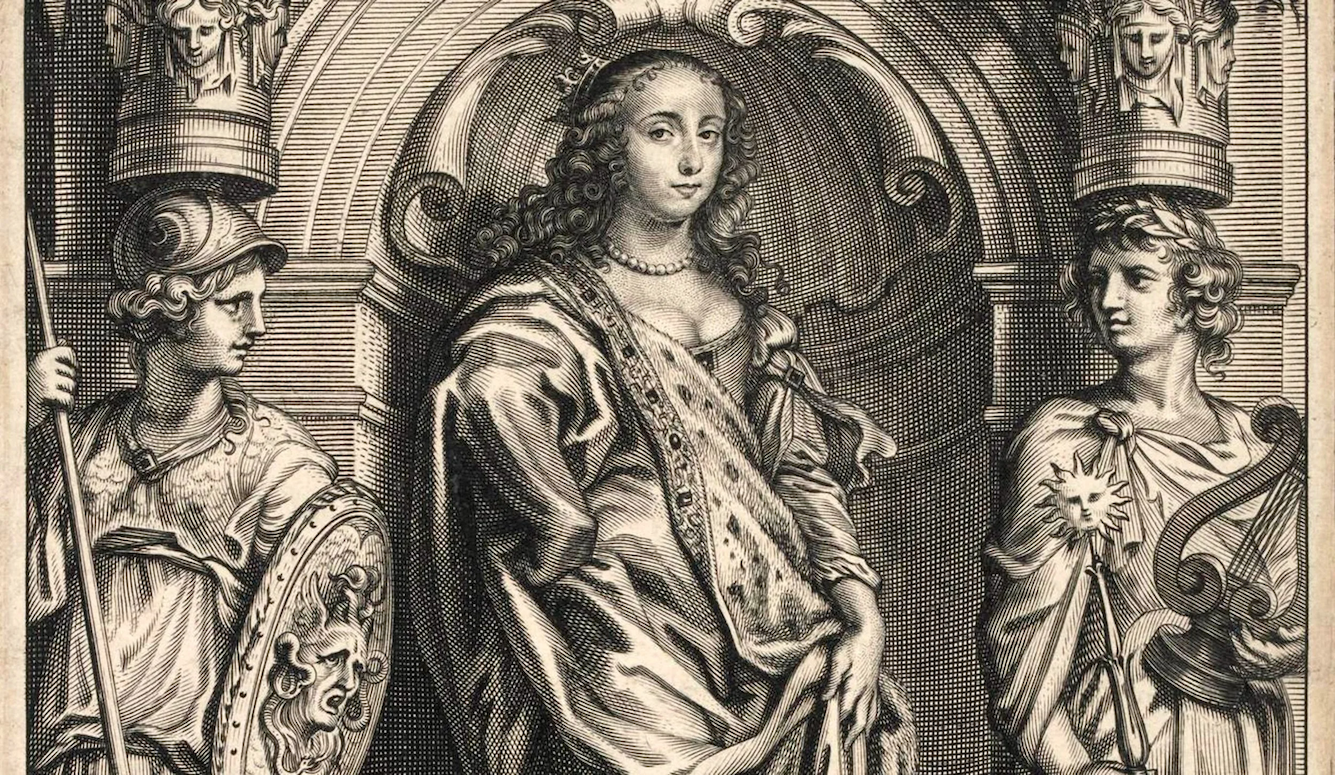 Margaret Cavendish, stylised depiction, between two classical figures. 