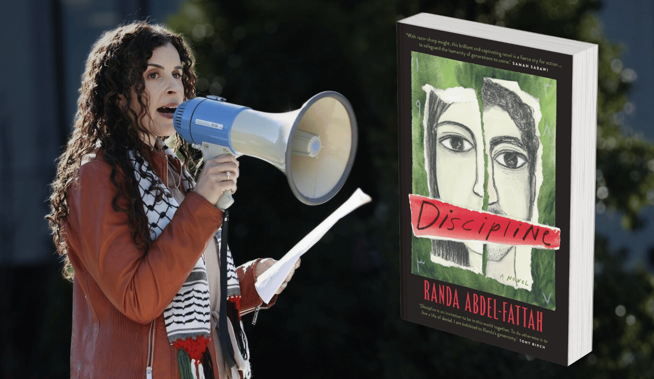 Woman in keffiyeh speaking through megaphone at outdoor protest, with book cover for "Discipline" by Randa Abdel-Fattah showing split-face portrait on green background displayed beside her.