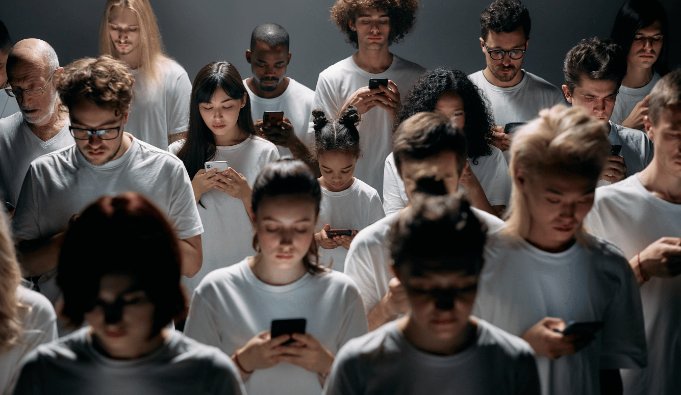 Group of adults and children in white T-shirts standing close together, looking down at smartphones in dim studio setting. 