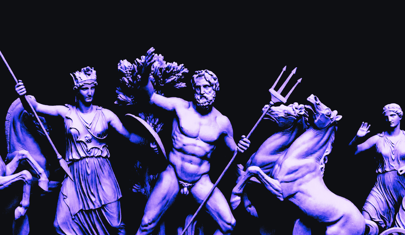 Blue-lit classical statues of Athena and Poseidon with trident, flanked by rearing horses and female figure