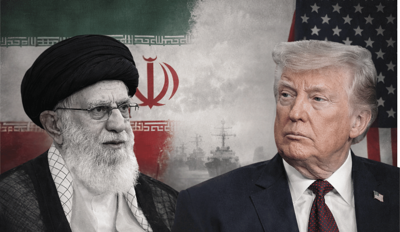 Black-and-white composite portrait of Donald Trump and Ayatollah Ali Khamenei facing each other, with muted U.S. and Iranian flags and distant naval ships in the background.
