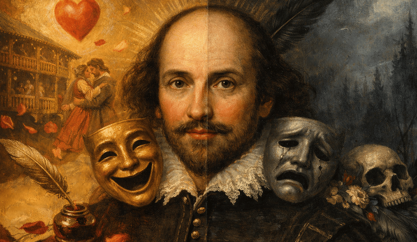 Illustrated portrait of William Shakespeare flanked by comedy and tragedy masks, with a quill, skull, and romantic stage scene in the background.