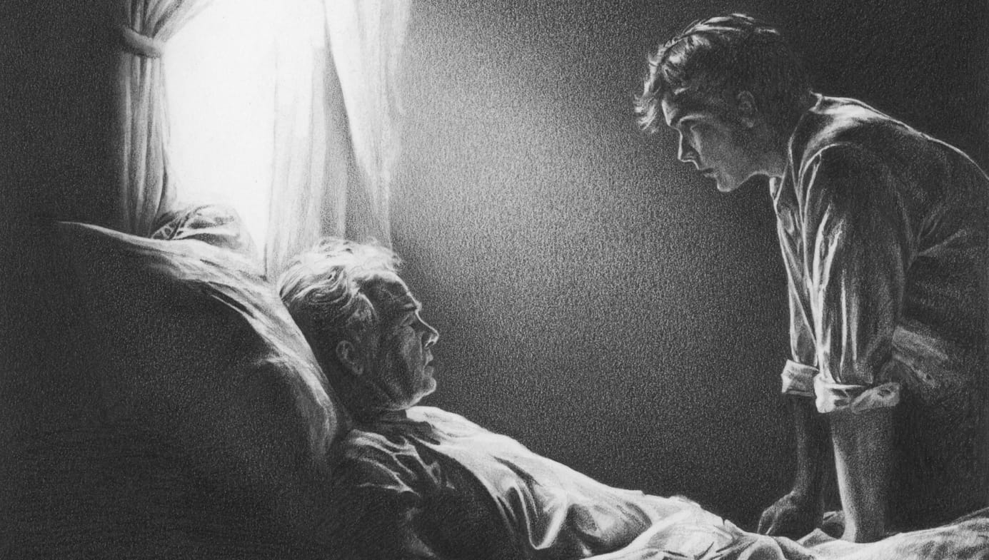 A line drawing of a young man bending over an old man in his bed, illuminated by sunlight, black and white. 