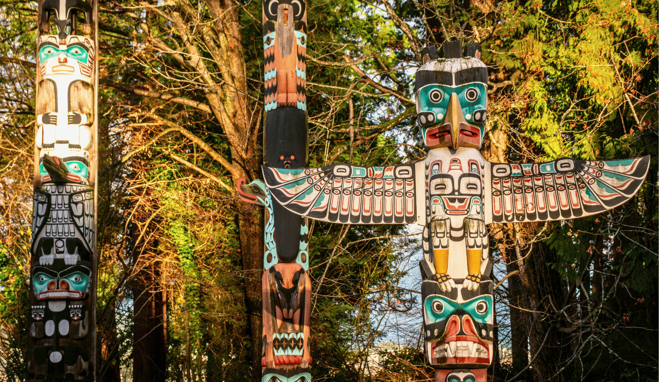 Vancouver Stanley Park "Indian Totem Poles" aboriginal indigenous tribe art and culture in winter light. 