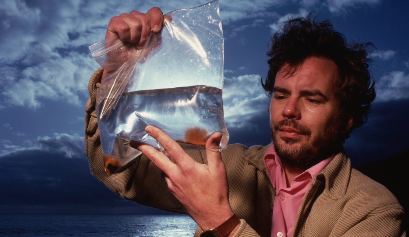 Biologist Dr Robert Trivers holds a plastic bag filled with water and plumose anemones at the Long Marine Laboratory in Santa Cruz, California. 