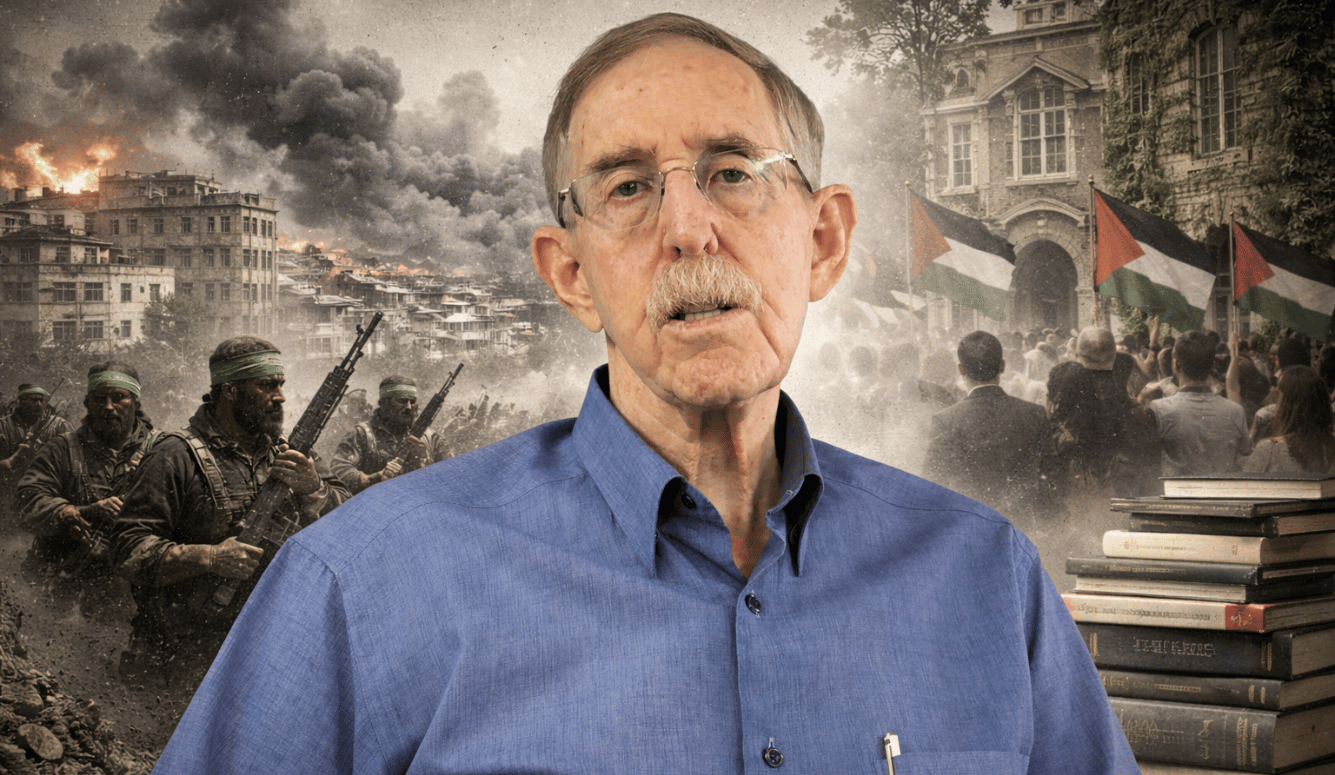 Dan Schueftan in blue shirt before montage of Gaza conflict, armed militants, Palestinian flags and stacked books