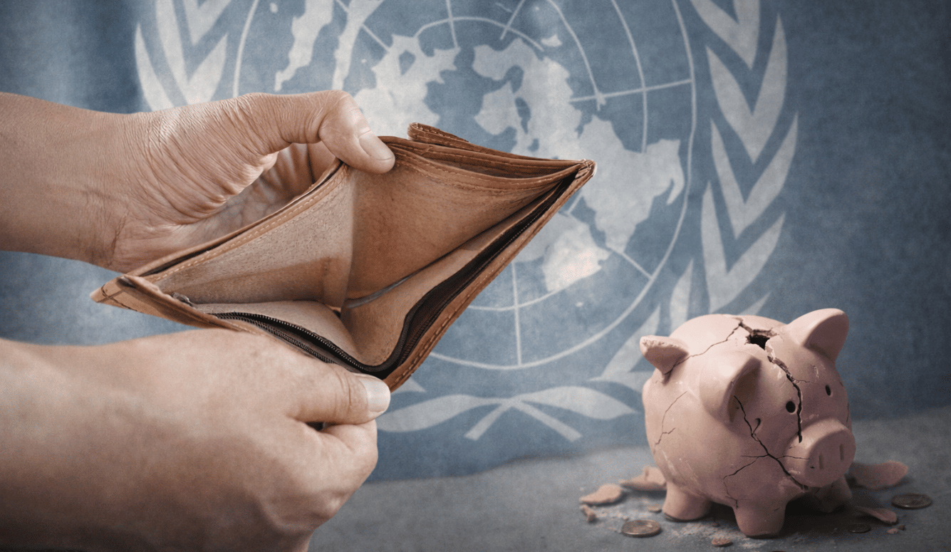Empty wallet held open beside a cracked piggy bank against a faded UN flag.