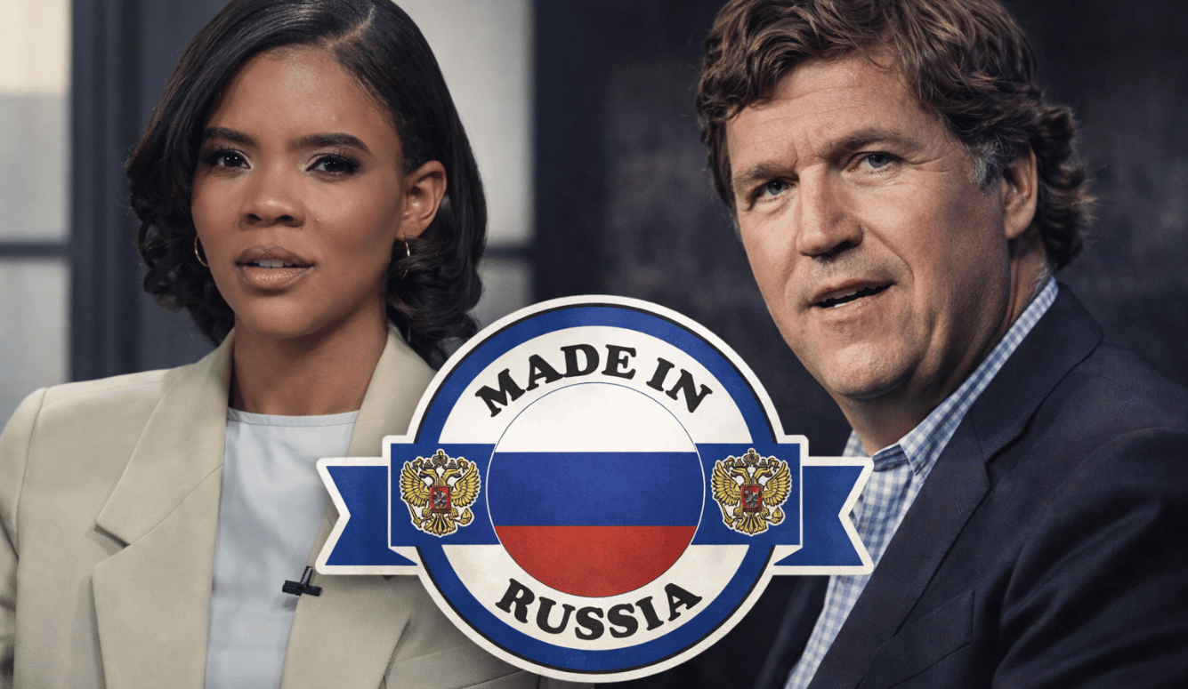 Candace Owens and Tucker Carlson appear side by side with a “Made in Russia” emblem between them, suggesting Russian influence or propaganda in Western political discourse.