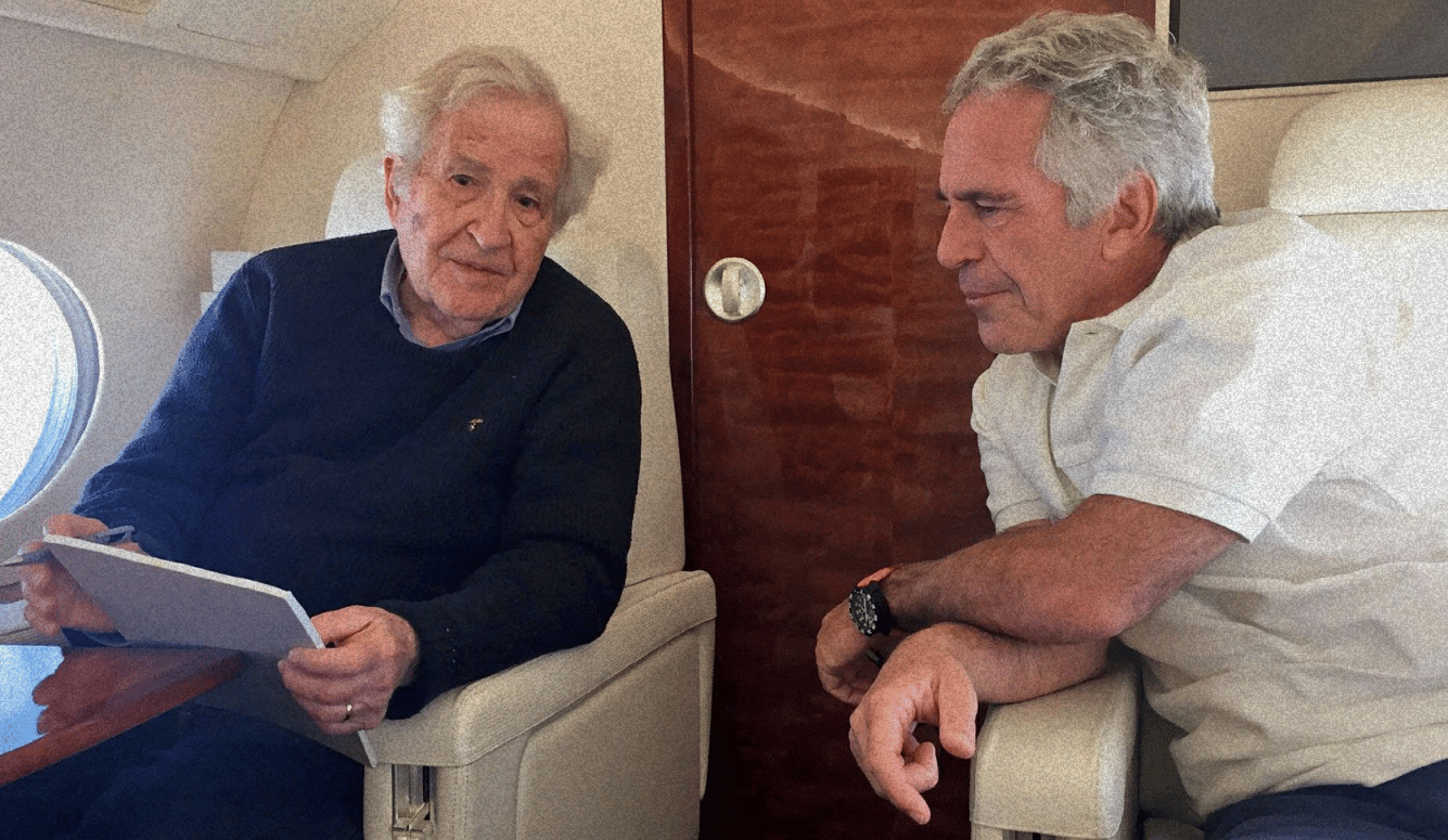 Jeffrey Epstein, right, speaking to Noam Chomsky on what looks like a private jet. Chomsky holds a pad and pen.