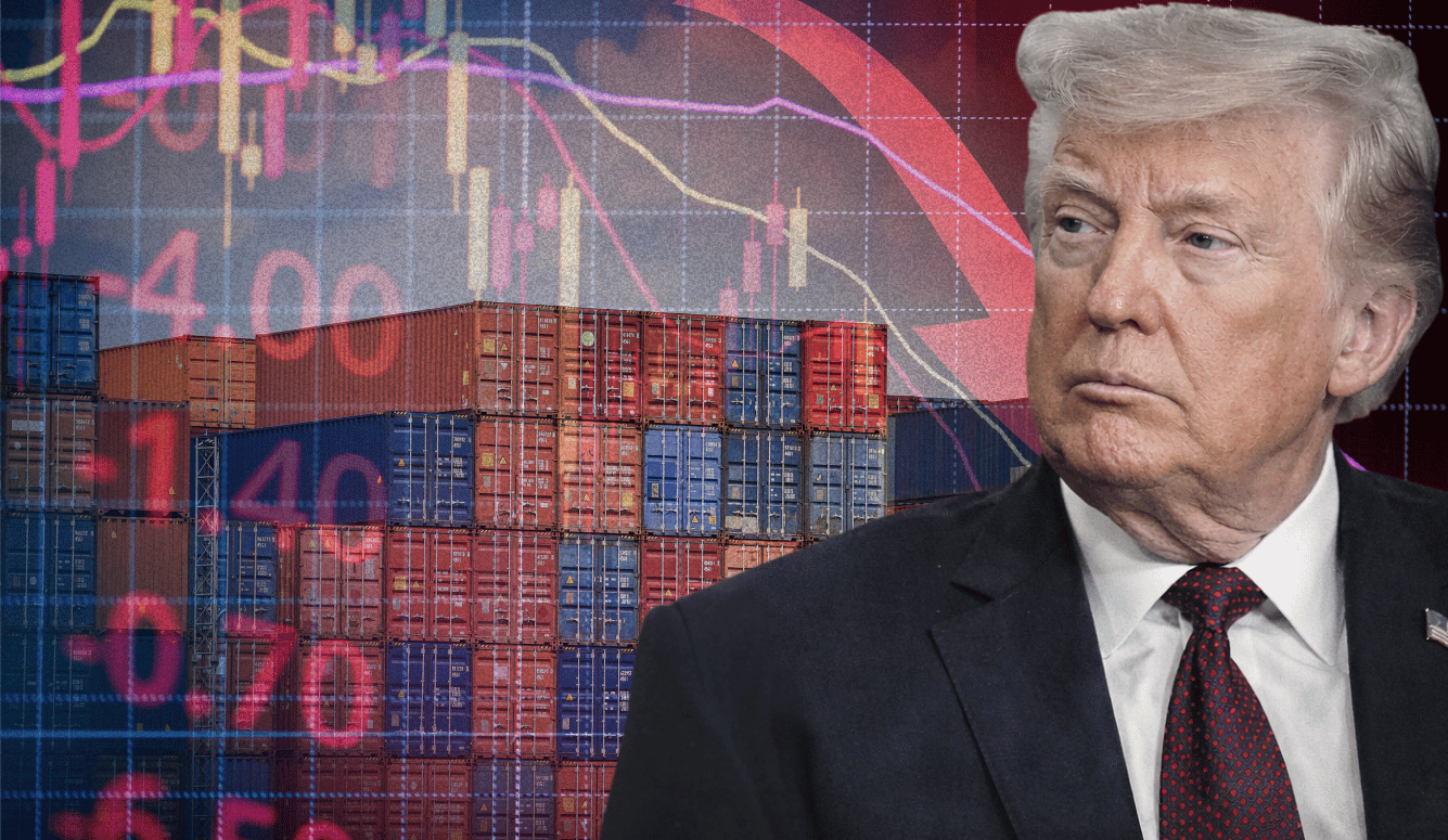Donald Trump in suit and red tie beside stacked shipping containers with falling stock chart and downward arrow.