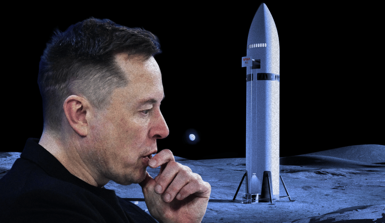 Black-and-white editorial composite showing Elon Musk in profile looking toward a tall Starship rocket standing on the Moon.