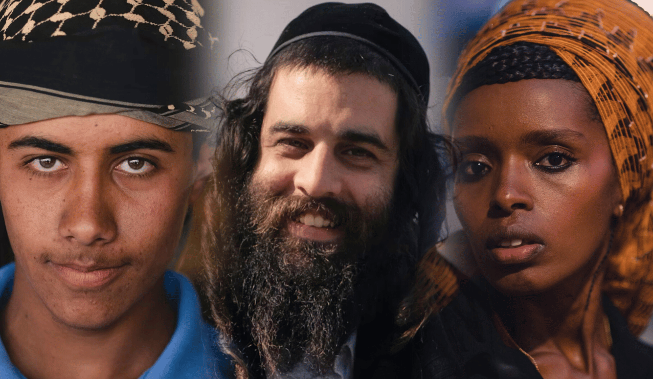 Bedouin man wearing a patterned headscarf, a bearded Jewish man in a black kippah and traditional attire, and an Ethiopian Jewish woman wearing an orange headwrap and dark clothing.