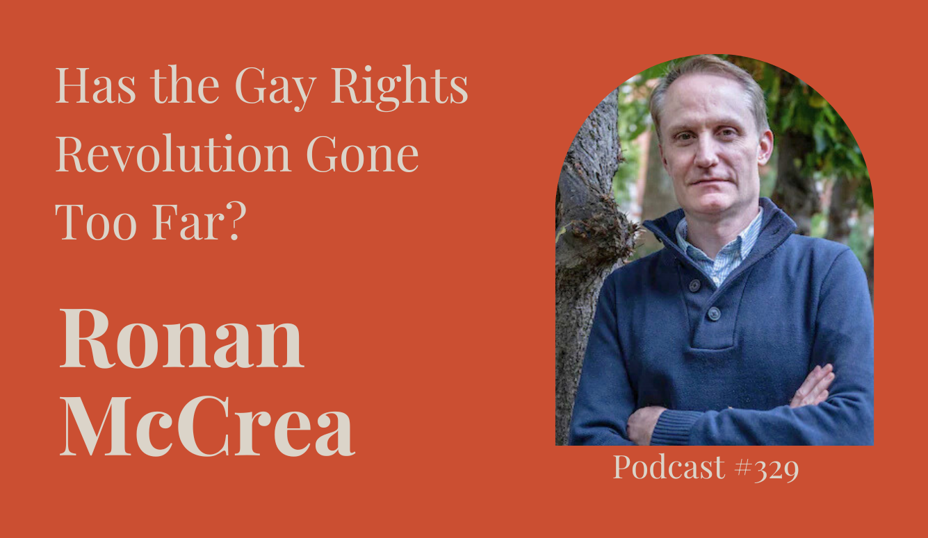 Man with short hair in blue pullover stands with arms crossed beside tree, podcast graphic with text “Ronan McCrea” and episode title