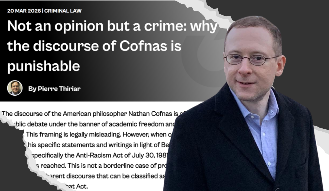 Composite image of Nathan Cofnas, a young white man wearing a jacket and shirt and an excerpt from the article “Not an opinion but a crime," by Pierre Thiriar. 