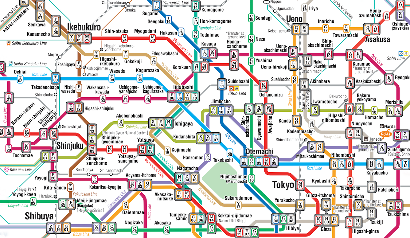 Tokyo Metro subway map showing central Tokyo, with colour-coded lines, station names in English, and transfer points marked with line codes.