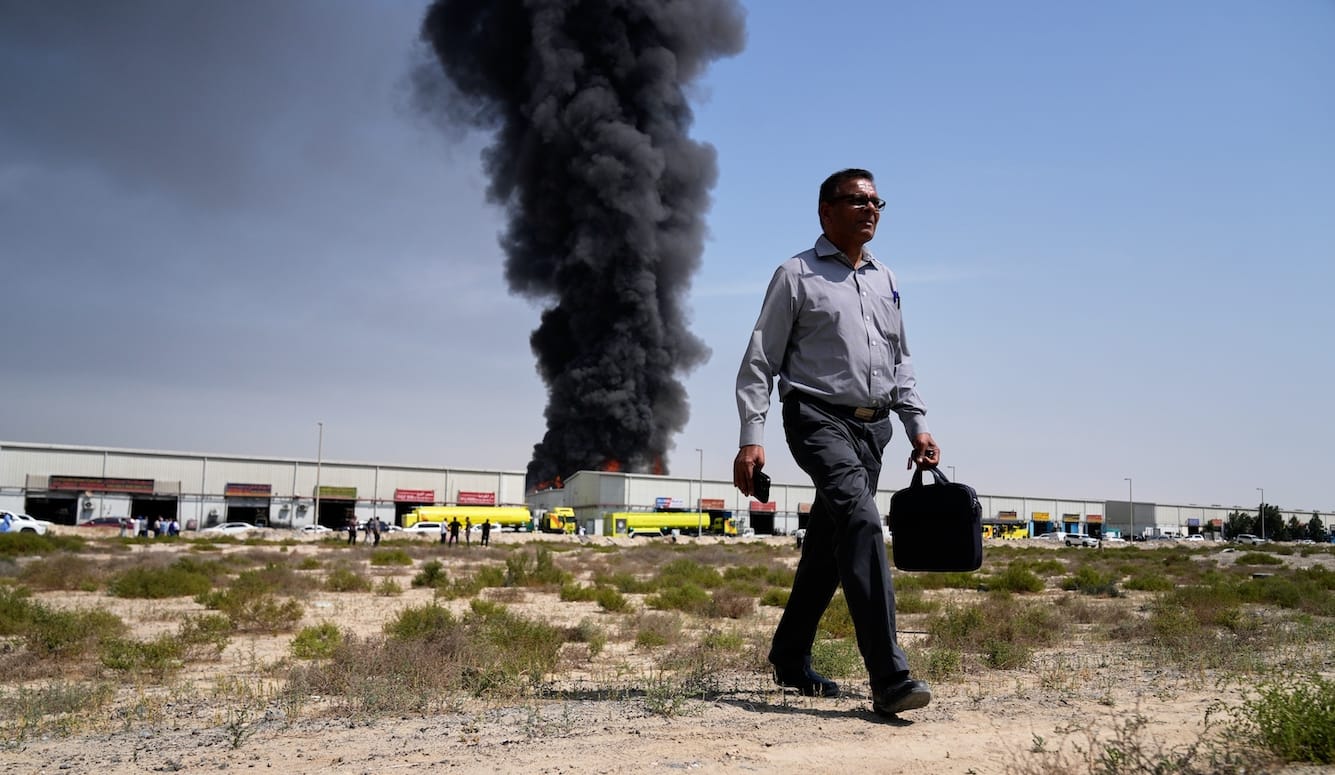 Black smoke rises in Sharjah City, UAE, on 1 March 2026, following Iranian strikes in Dubai. 