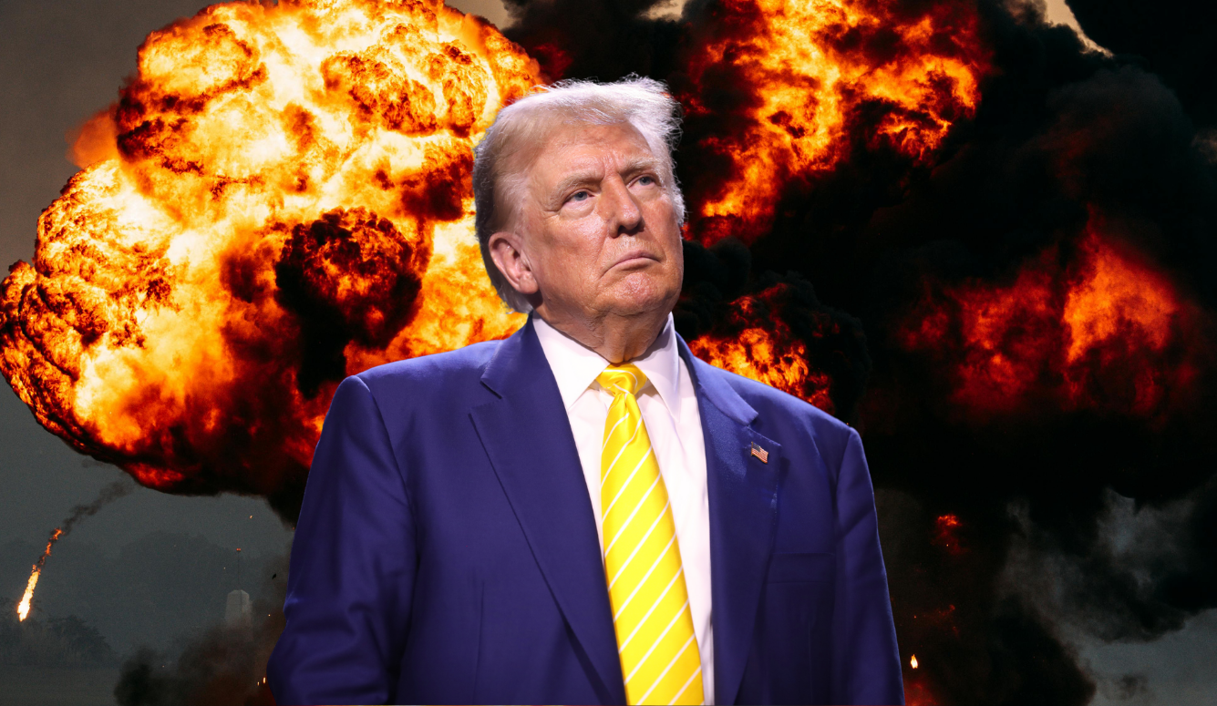 Trump wears a blue suit and gold tie and stands in front of large explosion and billowing clouds of fire and smoke. Composite image created on Canva. 
