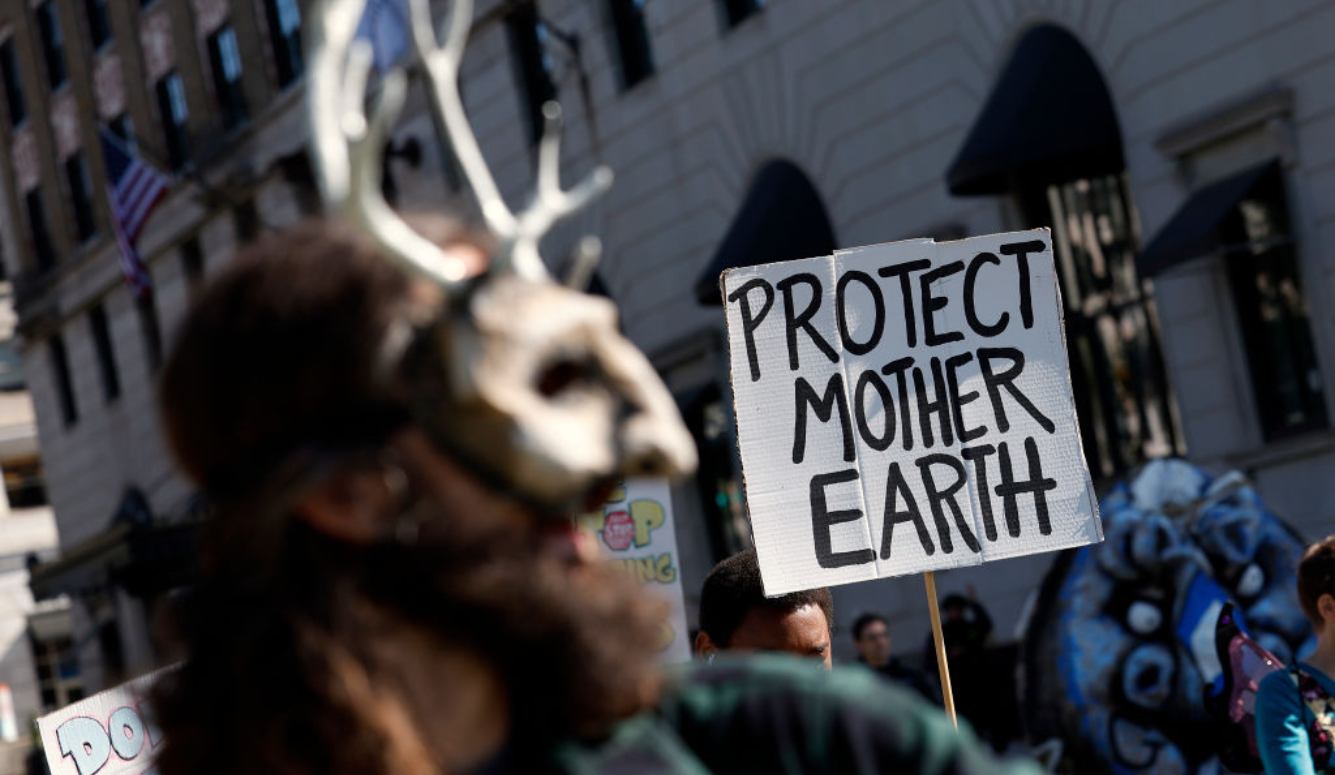 Man in a mask at an Earth Day rally. 