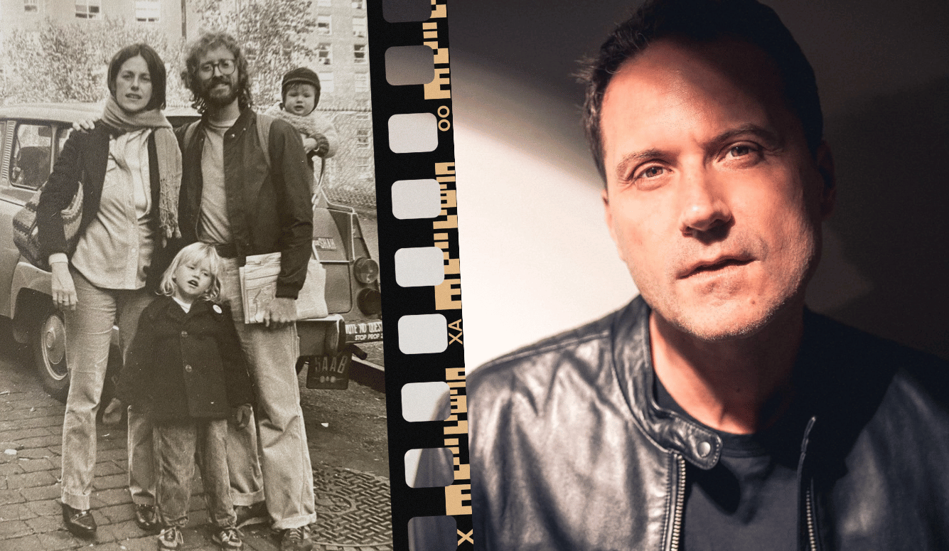 Black and white photo of Ayers-Dohrn family with two parents and two children and Zayd Ayers Dohrn as an adult.