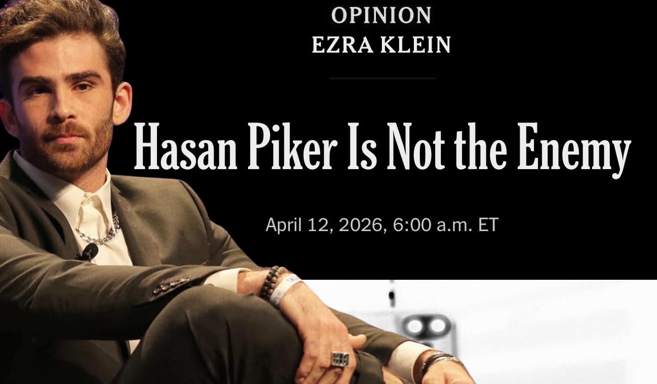 Composite image of Hasan Piker, a young man with a beard, wearing a suit, and the headline of Ezra Klein's piece "Hasan Piker Is Not the Enemy."