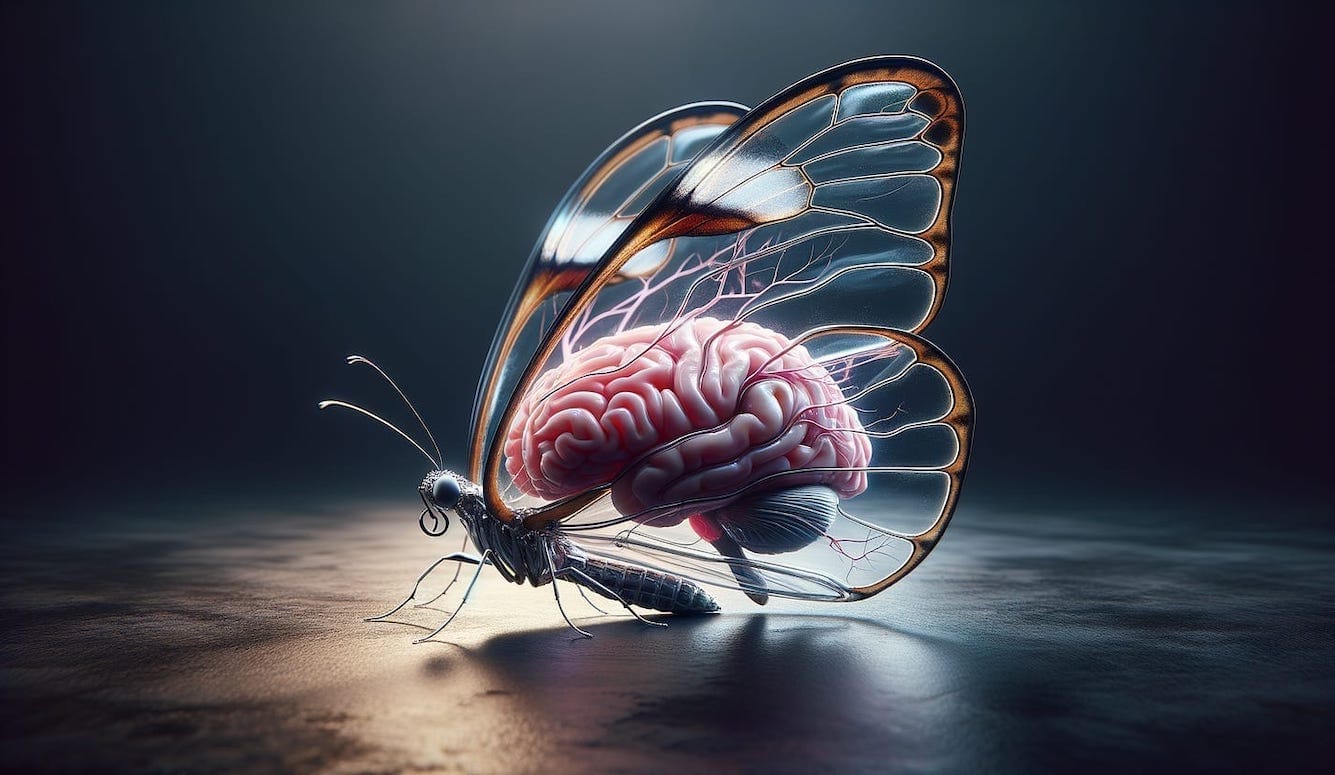 A butterfly with transparent wings revealing a human brain inside, dark moody background. Surreal digital artwork blending nature and neuroscience.