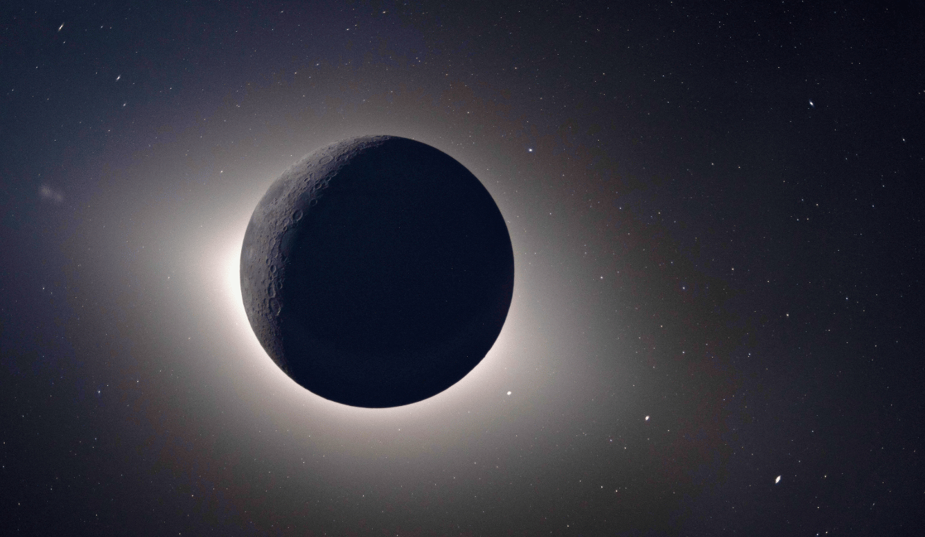 A solar eclipse viewed from space, with the Moon in the foreground. 