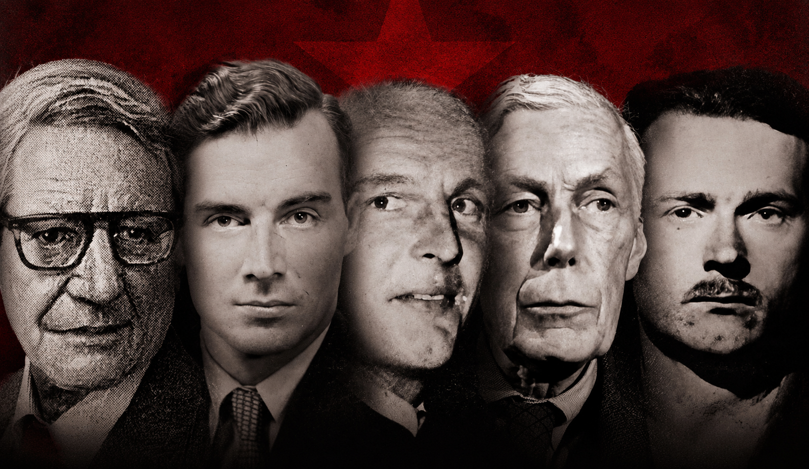 Five overlapping black-and-white portraits of the Cambridge Five arranged in a stark montage against a muted red, archival-style background.
