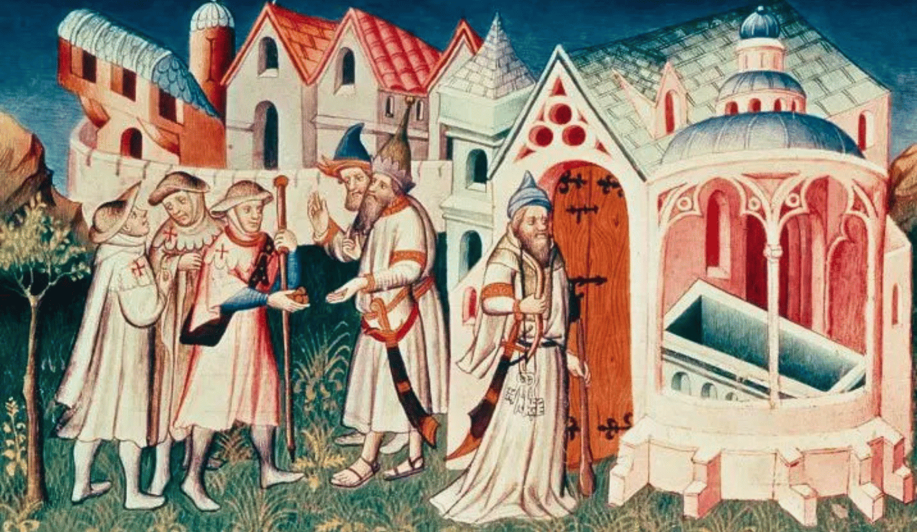 Old painting of pilgrims in front of the Church of the Holy Sepulchre in Jerusalem.