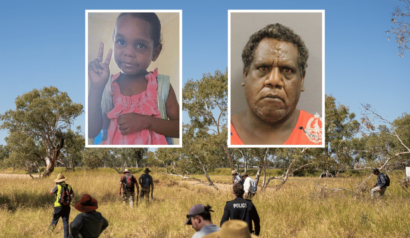 Composite image featuring missing five-year-old Kumanjayi Little Baby making a peace sign with her fingers, alongside Jefferson Lewis. Both are Aboriginal Australians with dark skin.