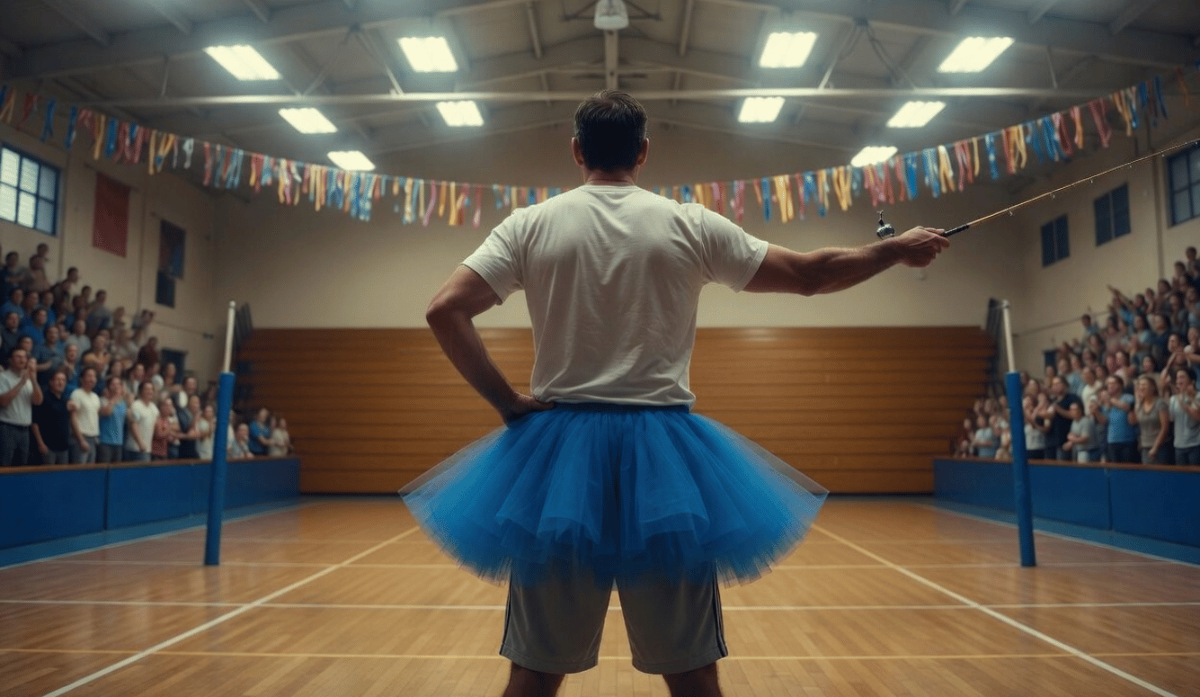 A middle-aged man seen from behind, wearing a large fluffy blue tutu 