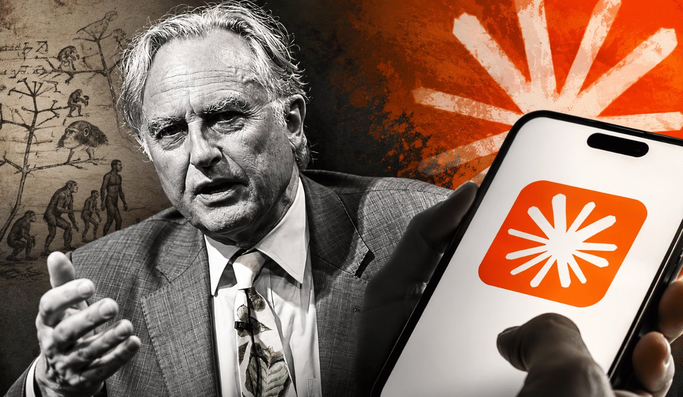 Black-and-white editorial composite of Richard Dawkins in a suit speaking on stage, juxtaposed with a hand holding a smartphone displaying the Claude AI logo 