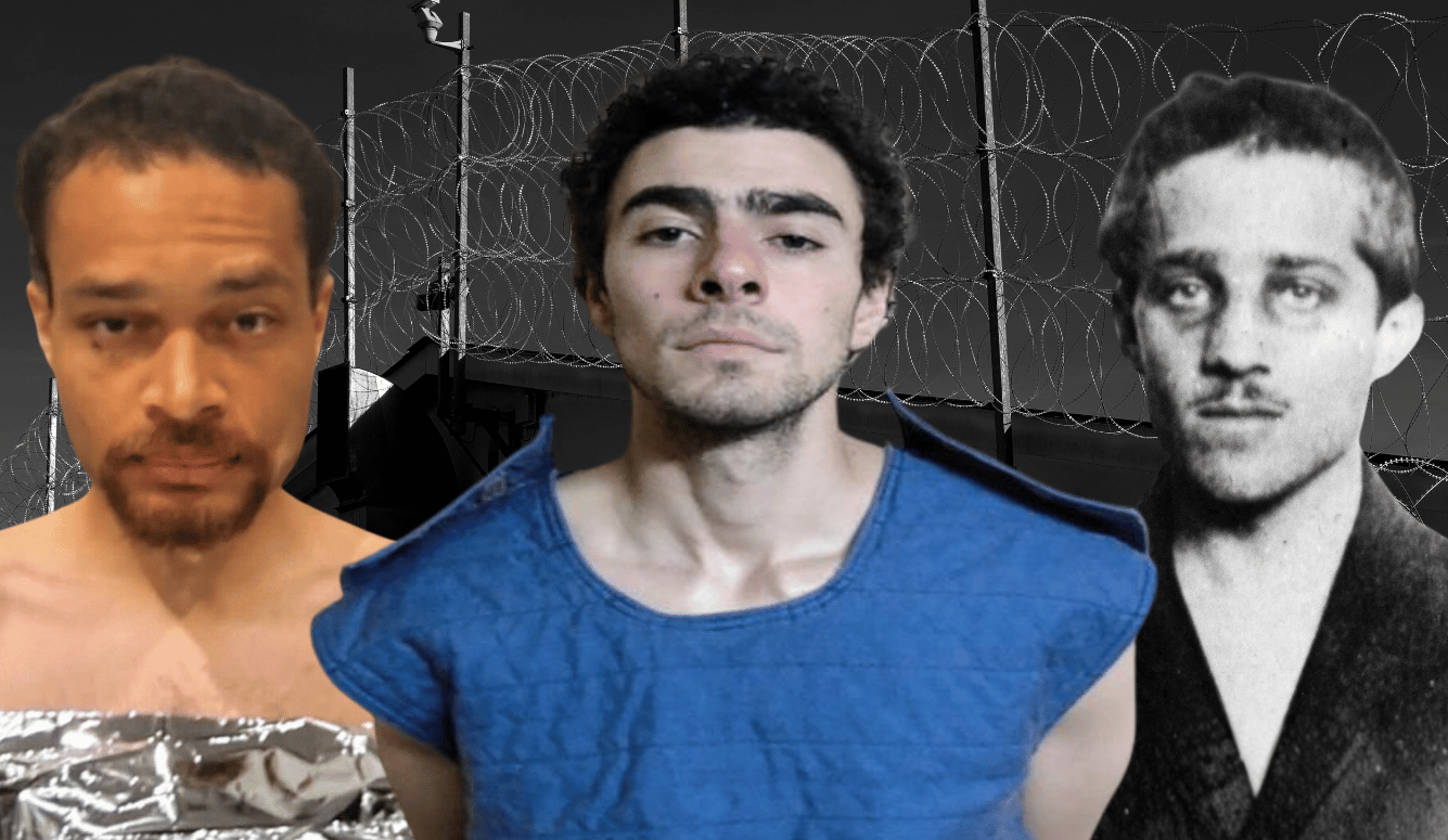 Cole Allen, Luigi Mangione and Gavrilo Princip pictured against a prison fence topped with razor wire.
