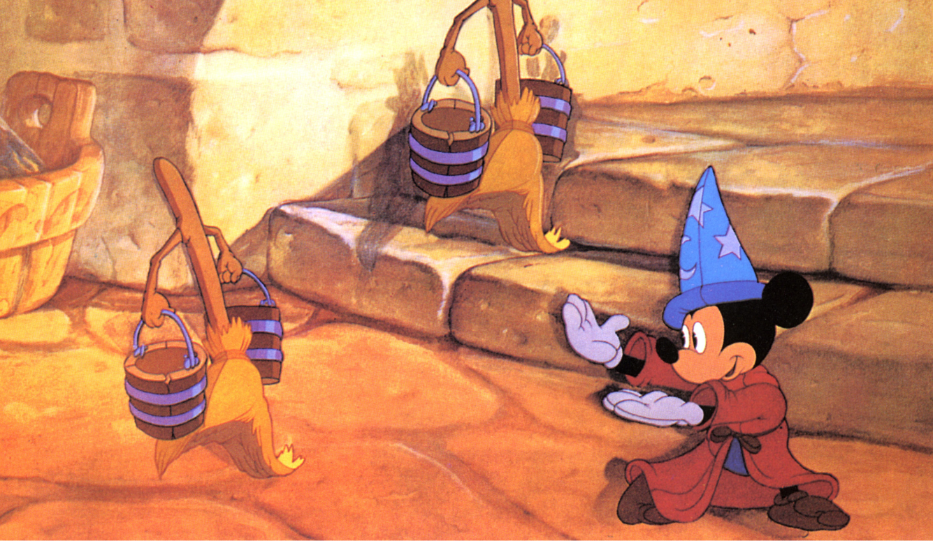Mickey Mouse as the Sorcerer's Apprentice, wearing a wizard hat and robe, directing magic brooms carrying buckets of water in a stone cellar from Disney's Fantasia.