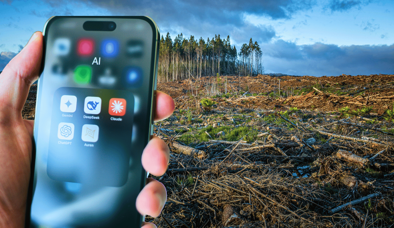 Smartphone showing AI apps—Gemini, DeepSeek, Claude, ChatGPT, Auren—held before a clear-cut forest landscape with felled logs and a remaining stand of trees.