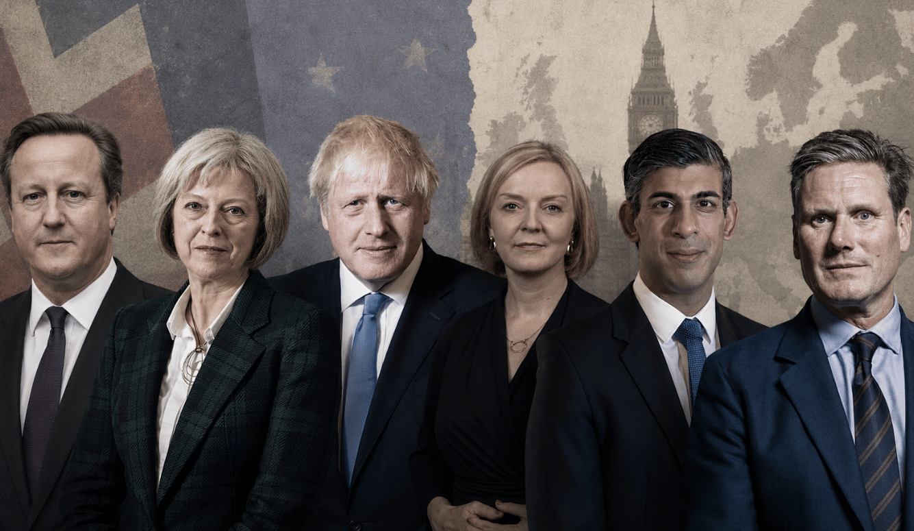 David Cameron, Theresa May, Boris Johnson, Liz Truss, Rishi Sunak, and Keir Starmer, set against a muted background featuring abstract UK and European imagery.