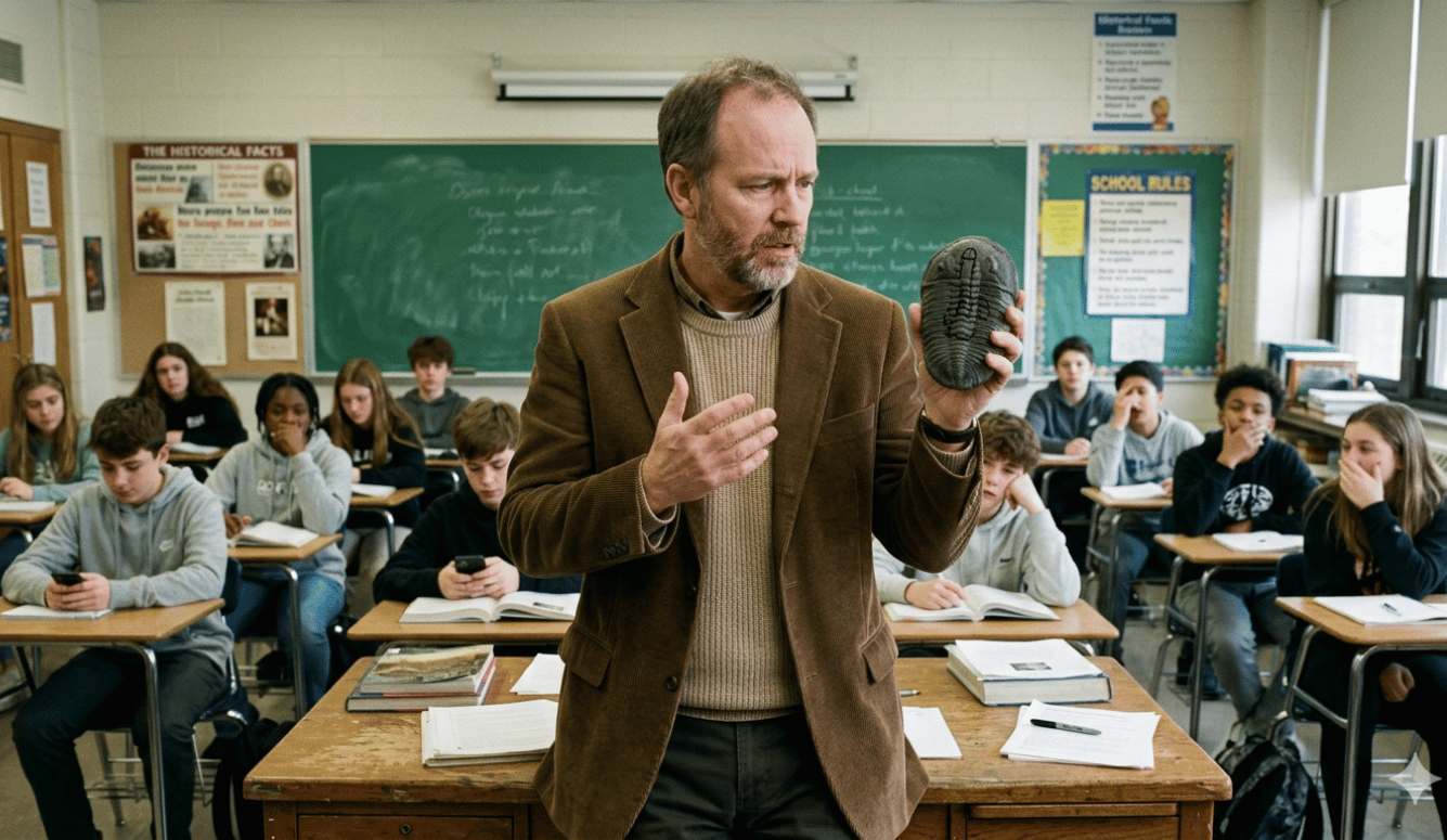 Dismayed male teacher in a corduroy jacket holds a trilobite fossil in front of a classroom of bored, distracted eighth-grade students sitting at their desks.