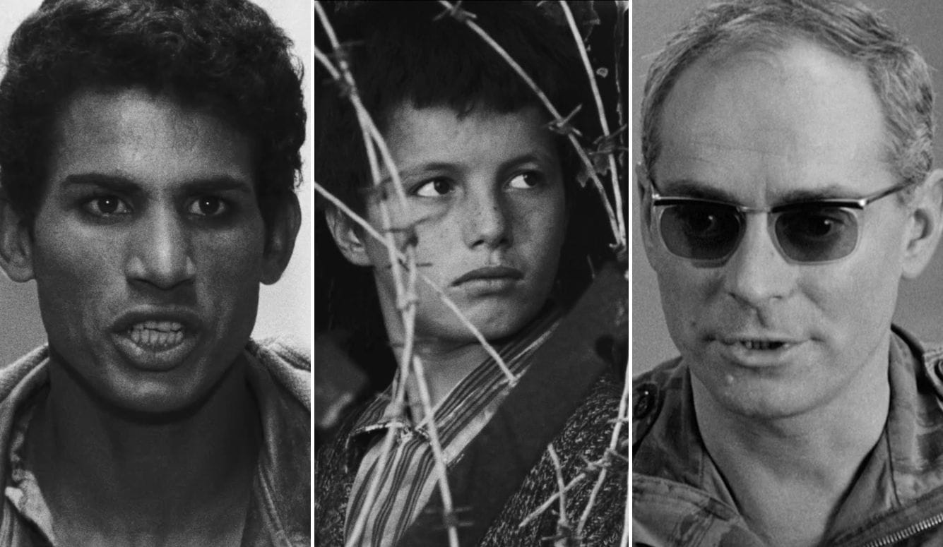 Three panels depicting, from left to right, Brahim Hadjadj, Mohamed Ben Kassen, and Jean Martin in The Battle of Algiers, directed by Gillo Pontecorvo in 1966.