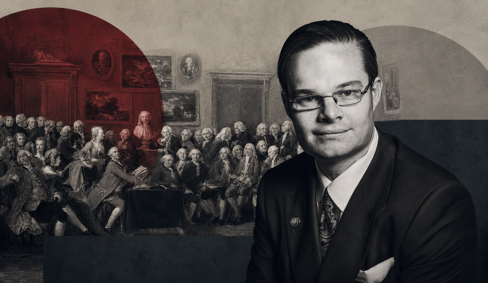 Editorial collage of an Enlightenment-era salon behind a modern portrait of a suited man in glasses.