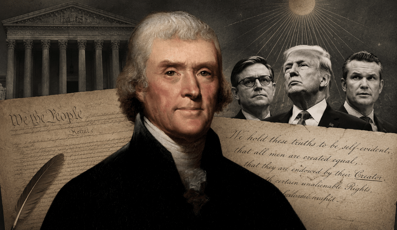Composite editorial image featuring Thomas Jefferson in the foreground, with constitutional documents, classical architecture, and contemporary political figures in the background.
