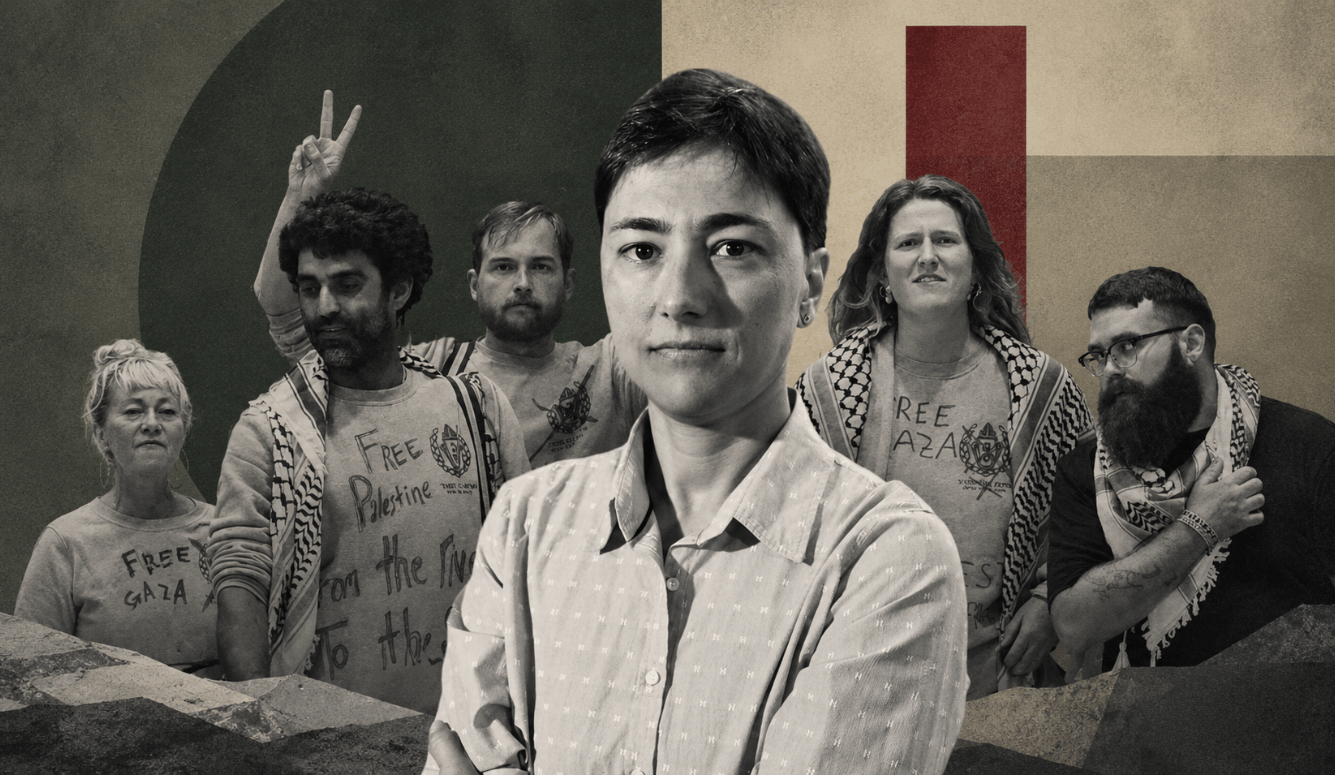 Composite editorial image featuring Hava Mendelle in the foreground with Gaza solidarity activists from the Global Movement to Gaza Australia–New Zealand delegation in the background.