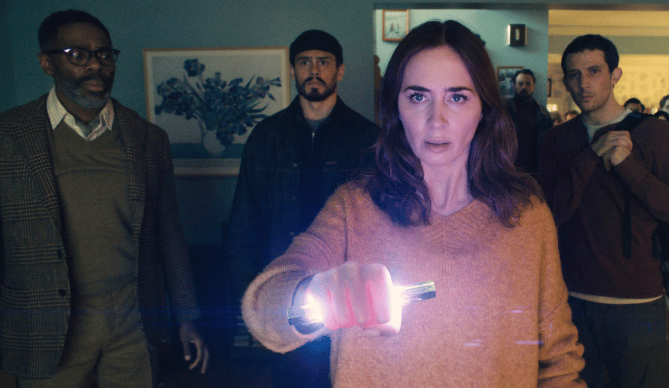 Colman Domingo, Tommy Martinez, Emily Blunt and Josh O'Connor in a scene from Disclosure Day (2026).