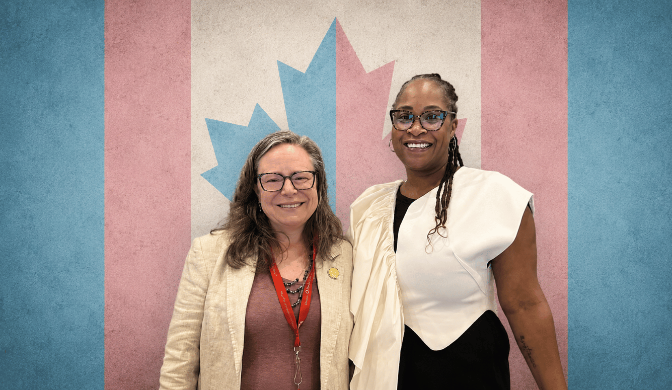 Dr. Laura Sauvé and Dr. Natasha Johnson pose before a stylised transgender pride/ flag background.