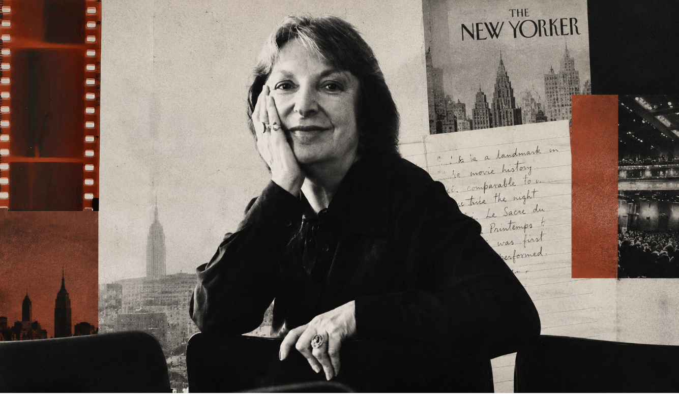 Black-and-white portrait of film critic Pauline Kael against a textured collage of archival film stock and subdued cinematic imagery.