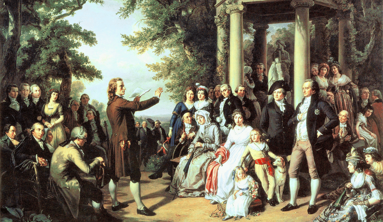 A 19th-century oil painting of elegantly dressed figures gathered in a sunlit garden, listening to a young man declaim before a classical temple.
