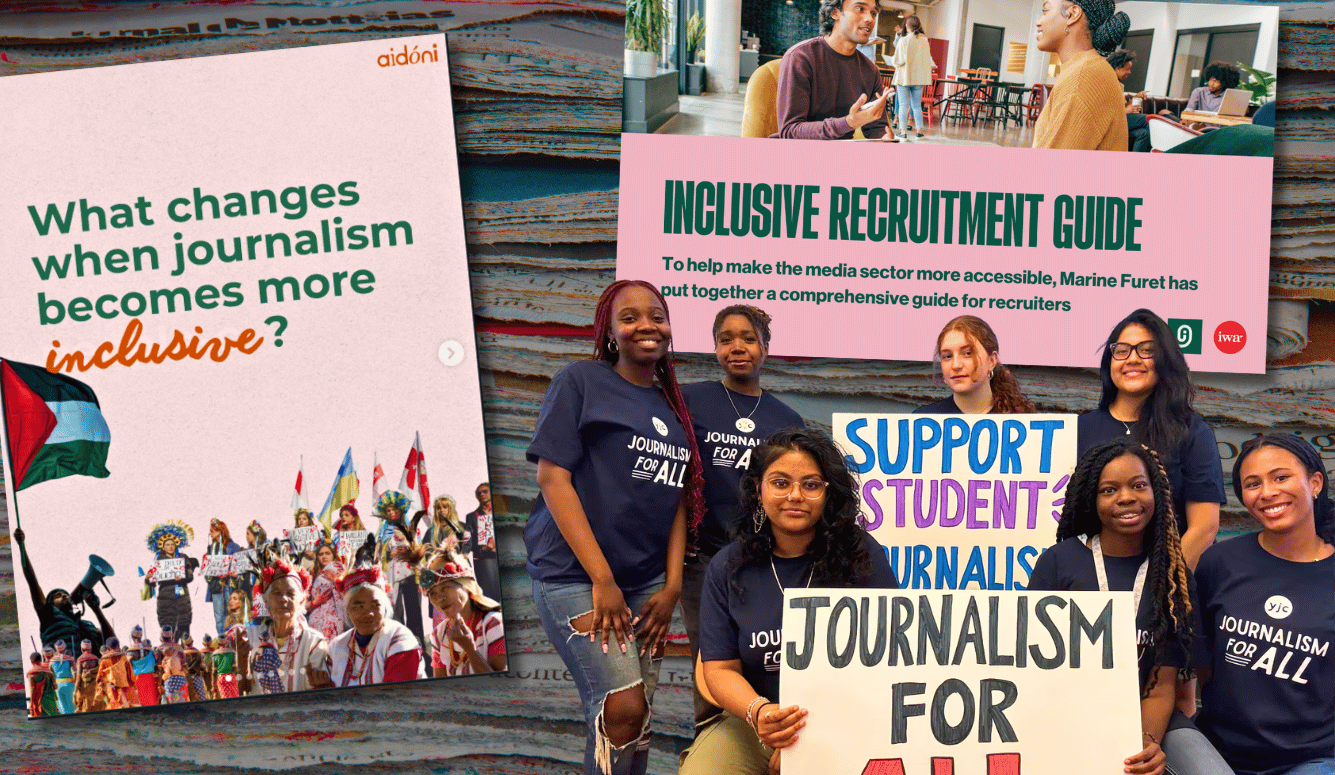 Collage of inclusive journalism graphics: aidoni post, recruitment guide, and diverse students with “Journalism for All” signs.