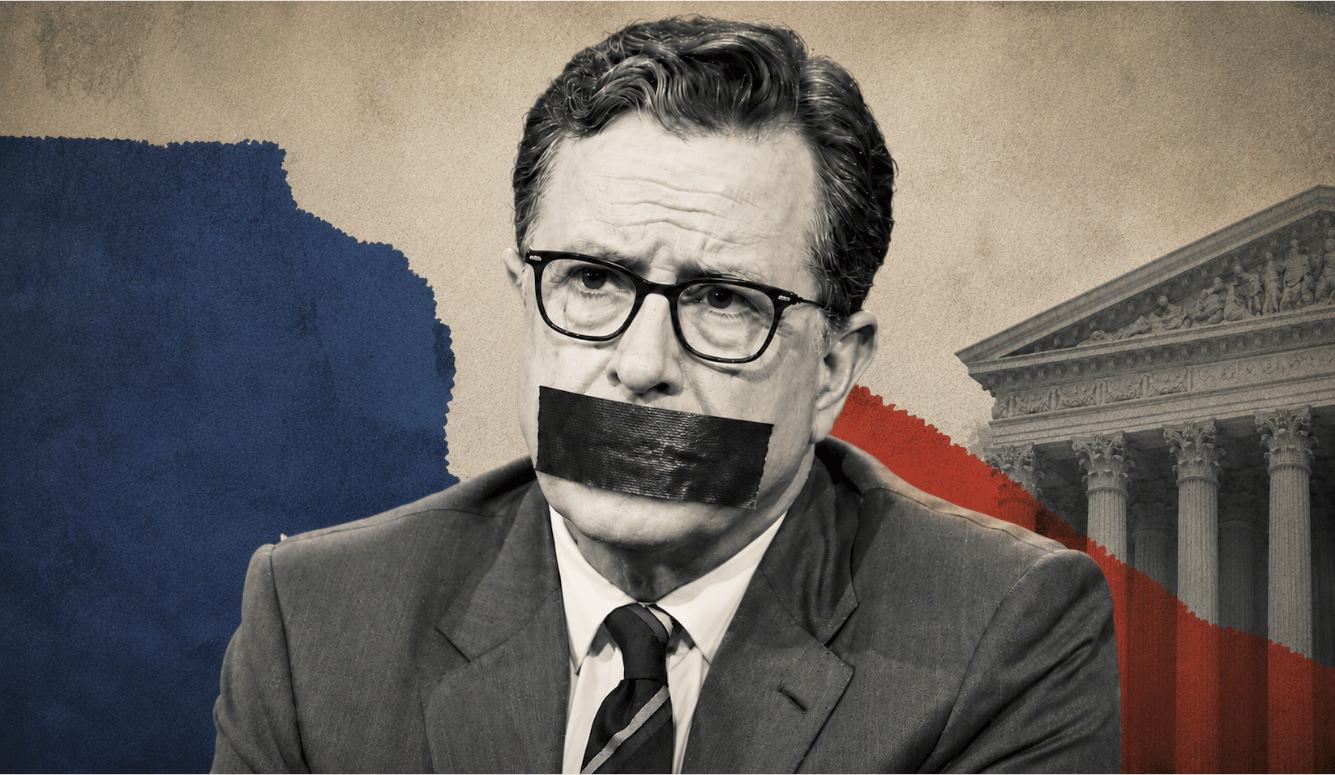 Stephen Colbert with black tape over his mouth, set against a torn paper background with the US Supreme Court building visible on the right