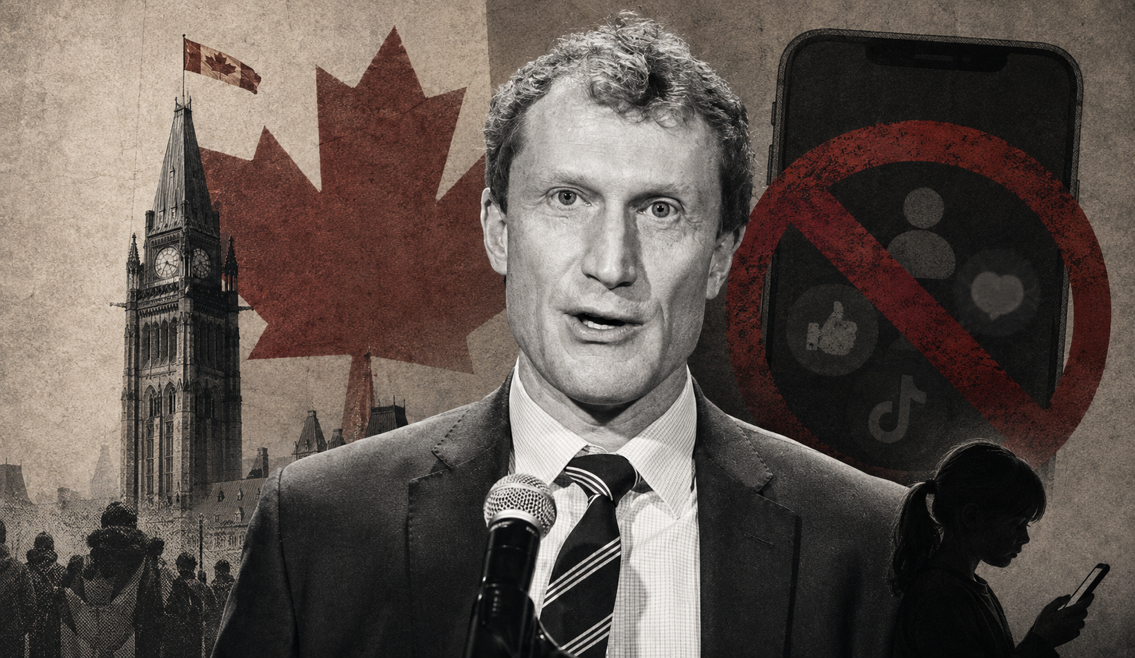 Feature illustration of Marc Miller against imagery evoking Canadian identity, online regulation, and debates over censorship.